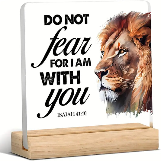 1pc Acrylic Lion Scripture Plaque with Wooden Stand - Portrait Orientation, Isaiah 41:10