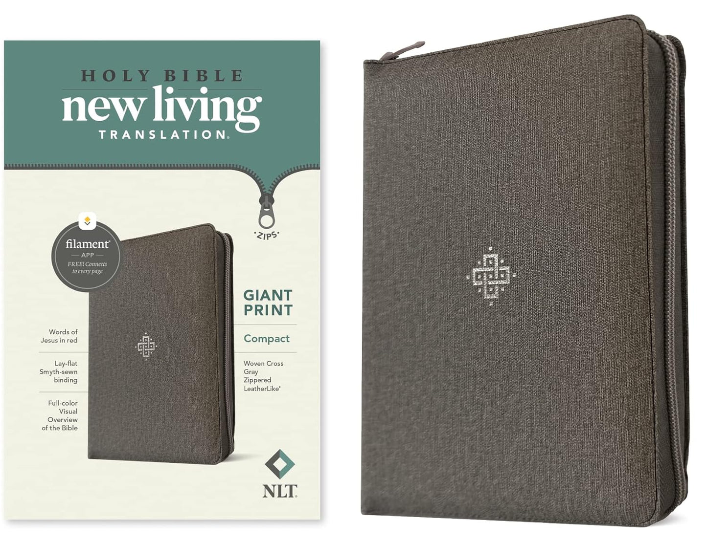 NLT Compact Giant Print Zipper Bible, Filament-Enabled Edition, Zipper (Red Letter, Leatherlike, Woven Cross Gray)