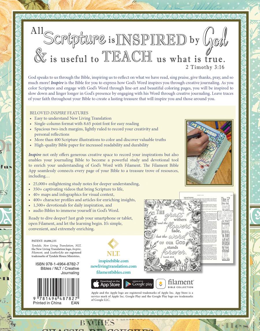 Inspire Bible NLT, Filament Enabled (Hardcover LeatherLike, Aquamarine): The Bible for Coloring & Creative Journaling
