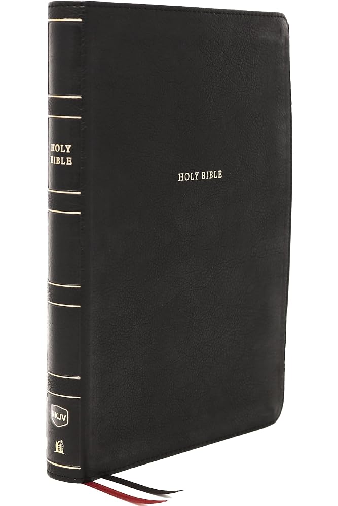 NKJV Holy Bible, Super Giant Print Reference Bible, Black Leathersoft, Thumb Indexed, 43,000 Cross references, Red Letter, Comfort Print: New King James Version cover image