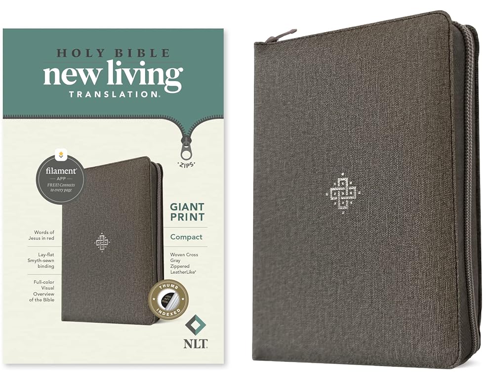 NLT Compact Giant Print Zipper Bible, Filament Enabled (LeatherLike, Woven Cross Gray, Indexed, Red Letter) cover image