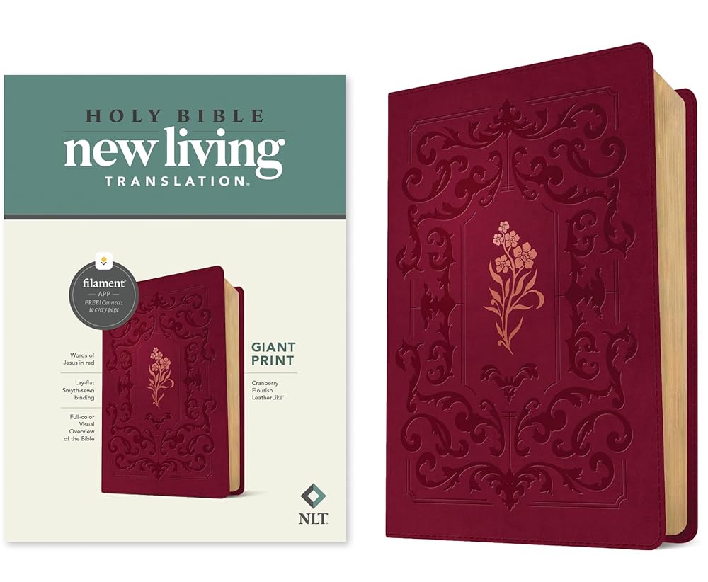 NLT Giant Print Bible, Filament Enabled (LeatherLike, Cranberry Flourish, Red Letter) cover image