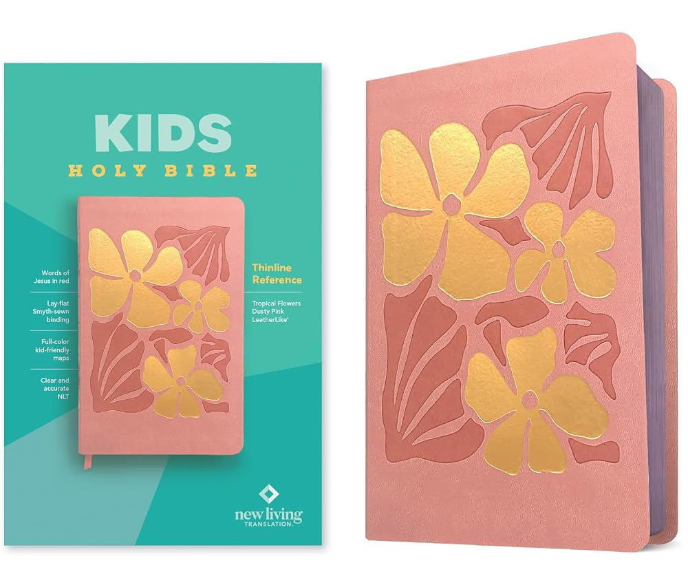 NLT Kids Bible, Thinline Reference Edition (LeatherLike, Tropical Flowers Dusty Pink, Red Letter) cover image