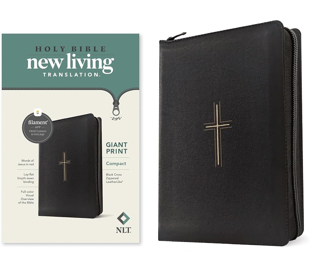 NLT Compact Giant Print Zipper Bible, Filament Enabled (LeatherLike, Black Cross, Red Letter) cover image