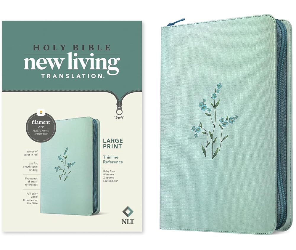 NLT Large Print Thinline Reference Zipper Bible, Filament Enabled (Leatherlike, Baby Blue Blossoms, Red Letter) cover image