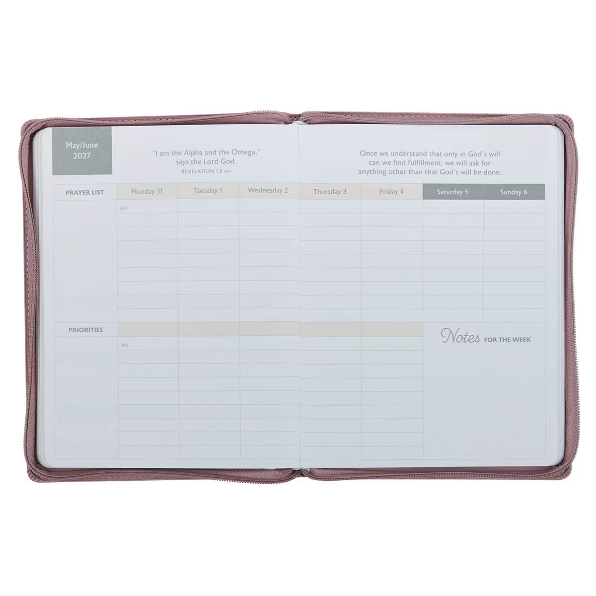 2027 Plans Large Zippered Dusty Mauve Faux Leather 18-Month Planner for Women - Jeremiah 29:11