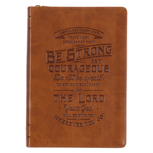 Be Strong Toffee-brown Faux Leather Classic Journal with Zippered Closure - Joshua 1:9