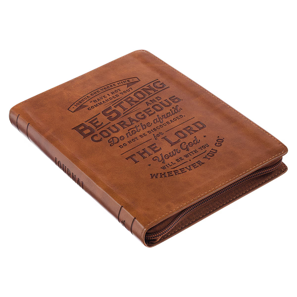 Be Strong Toffee-brown Faux Leather Classic Journal with Zippered Closure - Joshua 1:9