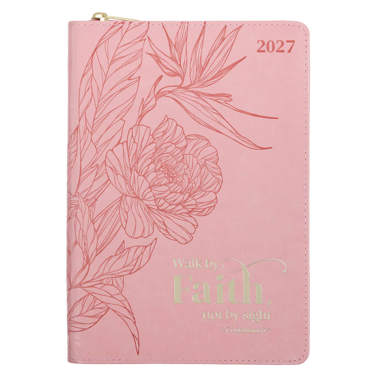 2027 Walk by Faith Pink Faux Leather Executive Planner with Zipper Closure - 2 Corinthians 5:7