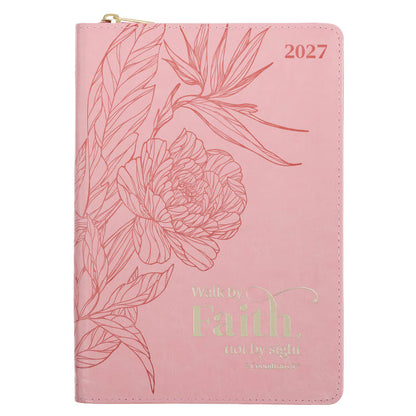 2027 Walk by Faith Pink Faux Leather Executive Planner with Zipper Closure - 2 Corinthians 5:7