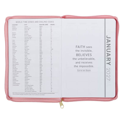 2027 Walk by Faith Pink Faux Leather Executive Planner with Zipper Closure - 2 Corinthians 5:7