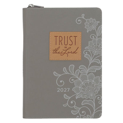 2027 Trust in the Lord Soft Gray Faux Leather Executive Planner with Zipper Closure - Proverbs 3:5