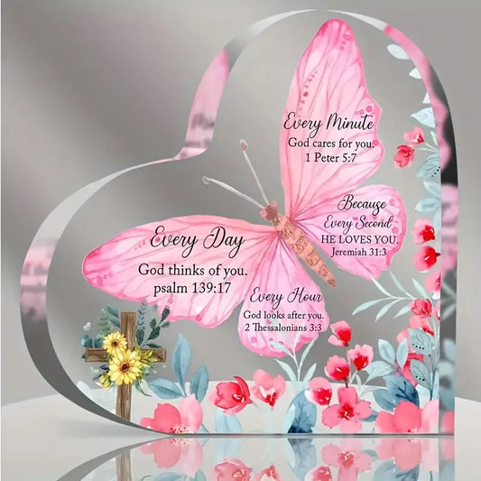 1pc Pink Butterfly Shaped Inspirational Heart Acrylic Desktop Decoration Plaque